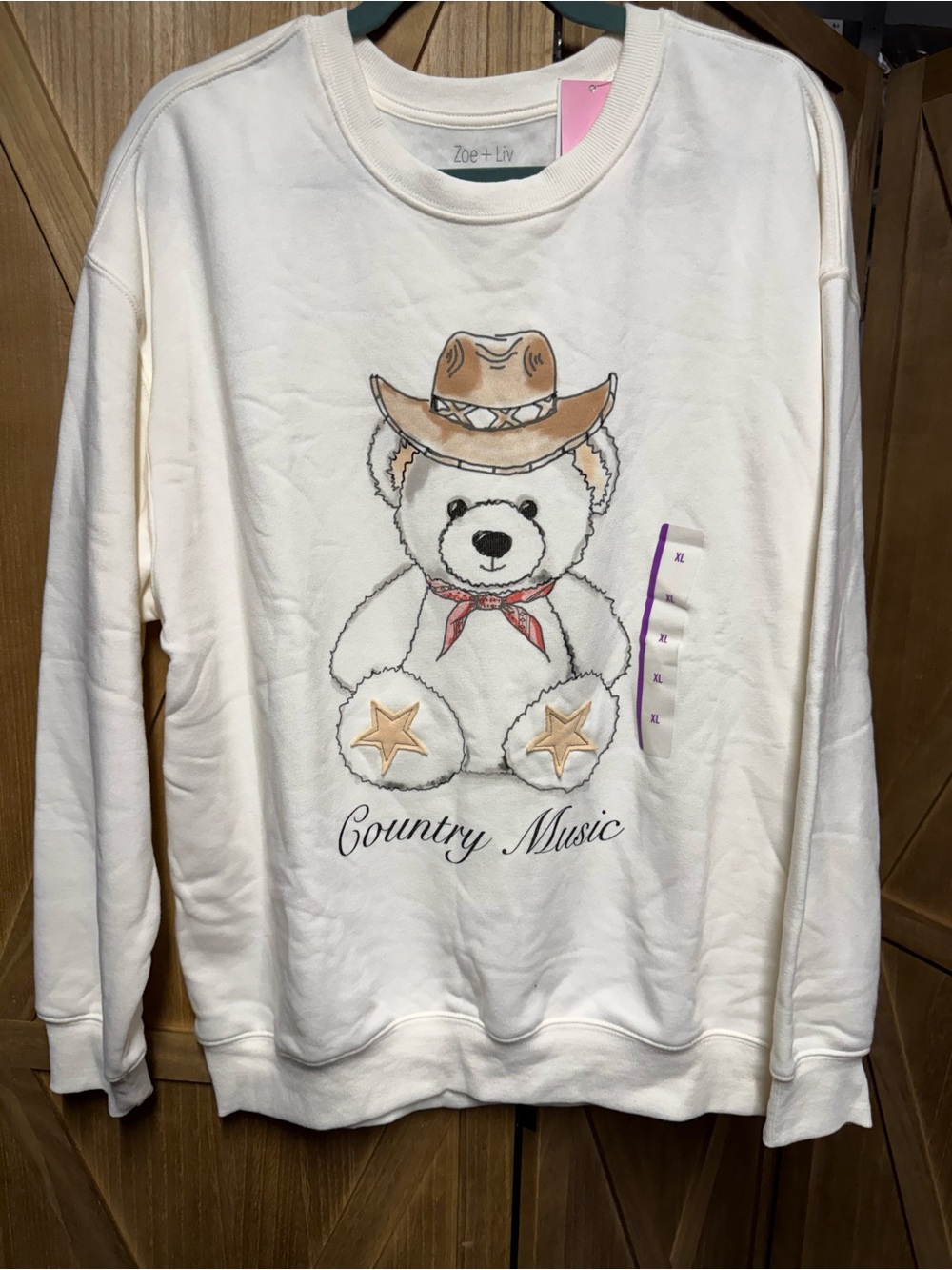 Zoe + Liv NWT XL Cream Teddy Bear Country Graphic Sweatshiry
